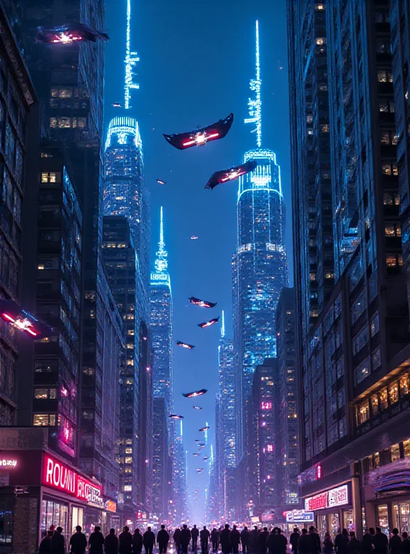 Futuristic cityscape with neon lights and flying vehicles, representing the world of 'Electric State'