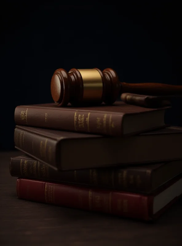 A gavel resting on a stack of law books in a courtroom setting.
