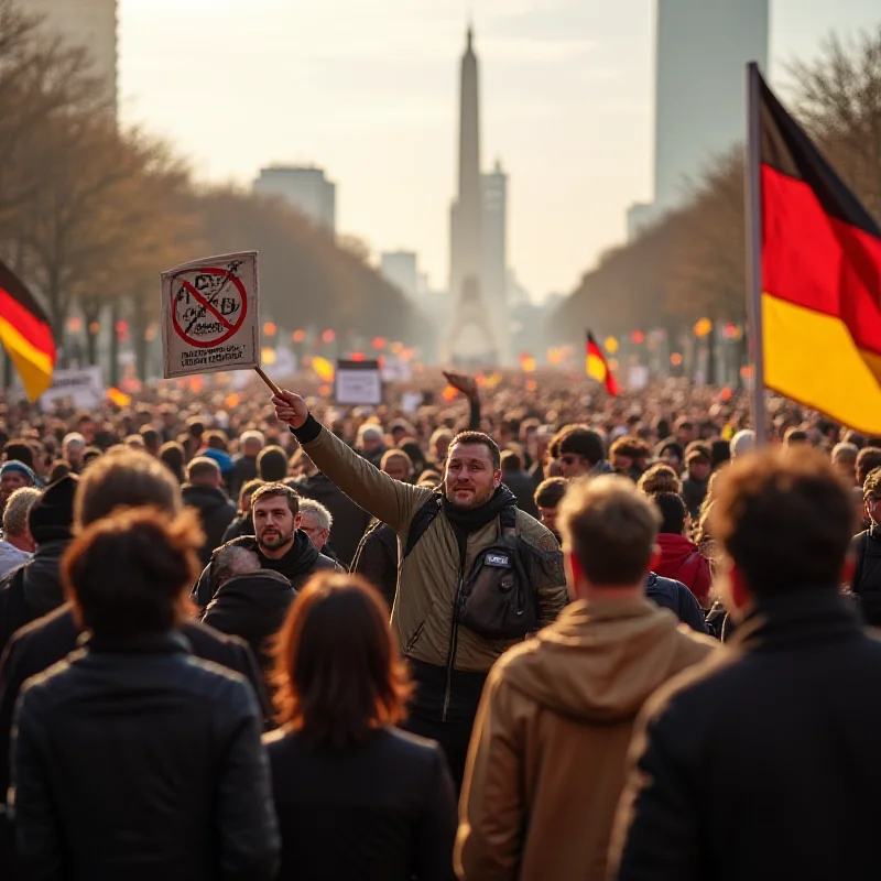A group of people protesting with signs in a city square. Some are holding German flags.