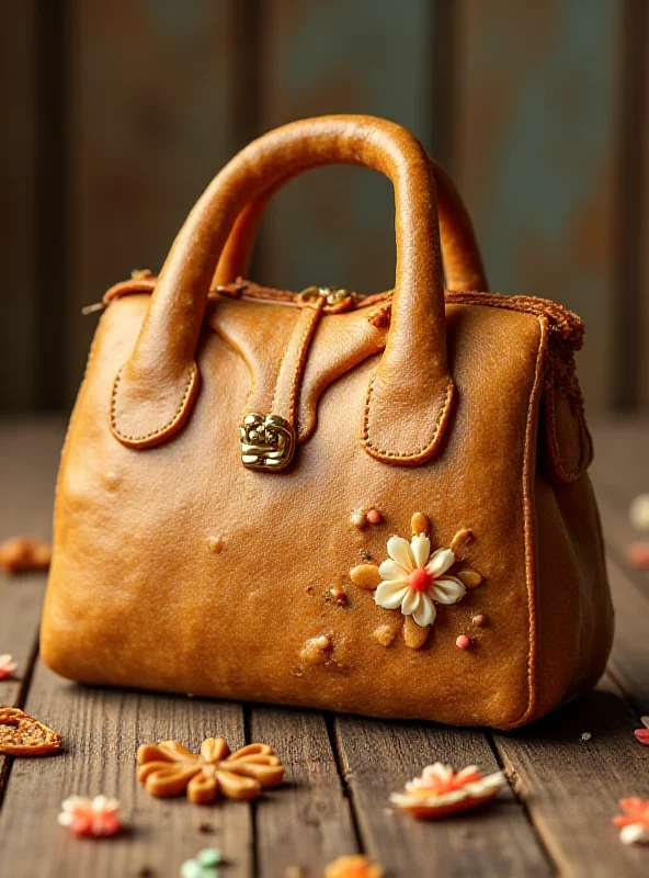 Close-up of a dough handbag, intricately designed with edible decorations. The bag is displayed on a rustic wooden table, emphasizing the handcrafted nature of the artwork.