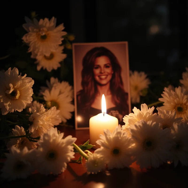 A memorial candle lit in remembrance of Jitka Vrbová. The candle is surrounded by flowers and a photograph of the singer, capturing a somber mood.