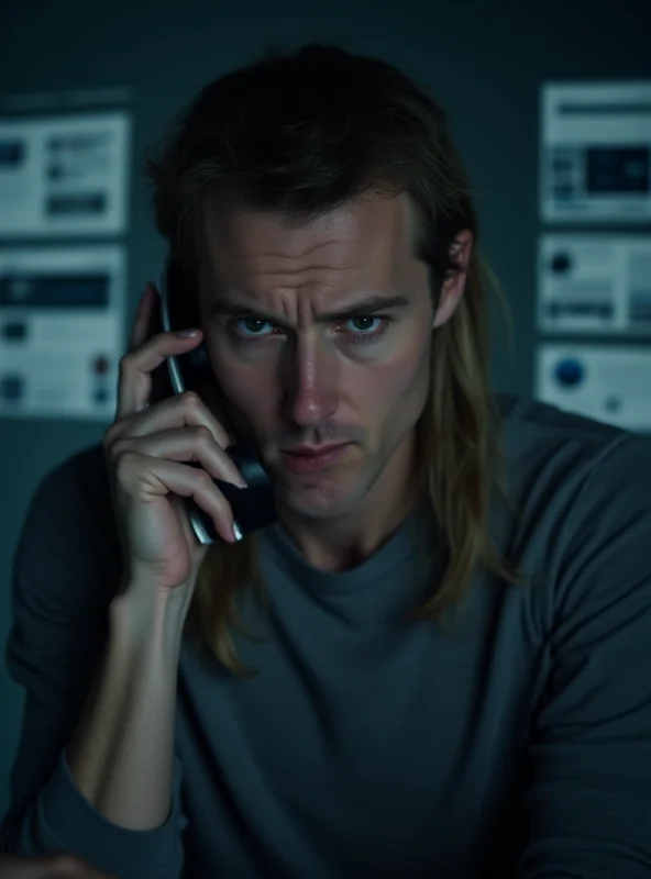 A person looking concerned while answering a phone call, with blurred images of phishing emails and fake websites in the background, representing the deceptive nature of vishing attacks.