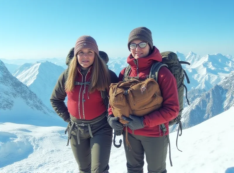 Two women, likely sisters, bundled in mountaineering gear, standing on a snowy peak with a backpack.
