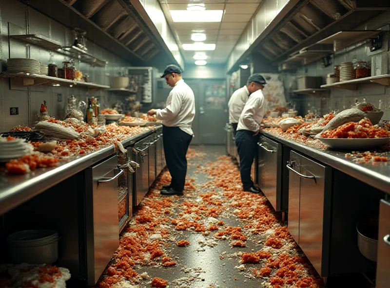 A chaotic cruise ship kitchen with food spilled, dishes broken, and kitchen staff struggling to hold onto counters.