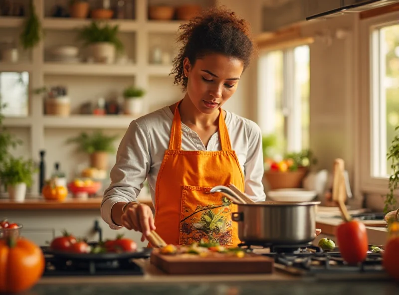 Person wearing a stylish kitchen apron while cooking.