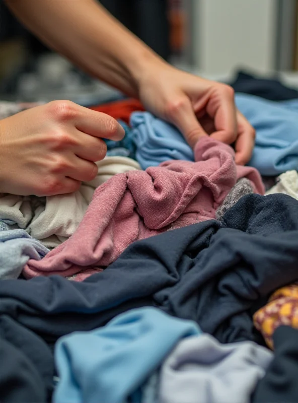 Hands sorting through clothes, deciding what to donate.