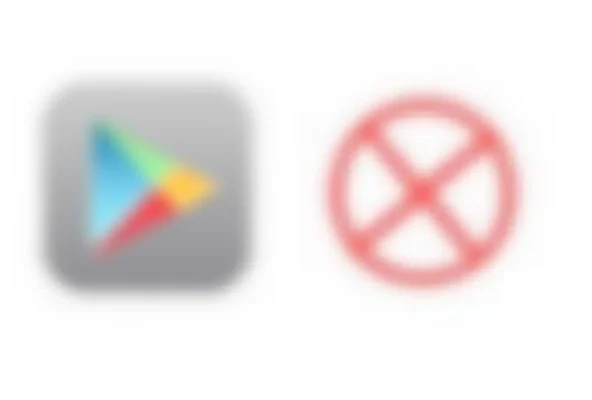 The Google Play Store logo and the Apple App Store logo, side by side, with a red 'blocked' symbol superimposed on each.