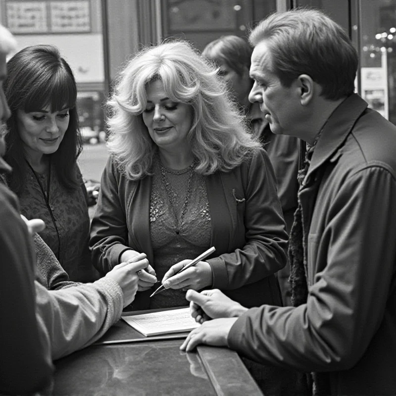 A vintage photograph of Dolly Parton signing autographs for fans, with Carl Dean standing slightly behind her, observing.
