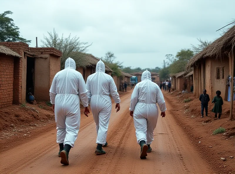 A group of health workers in protective suits walking through a village in the DRC