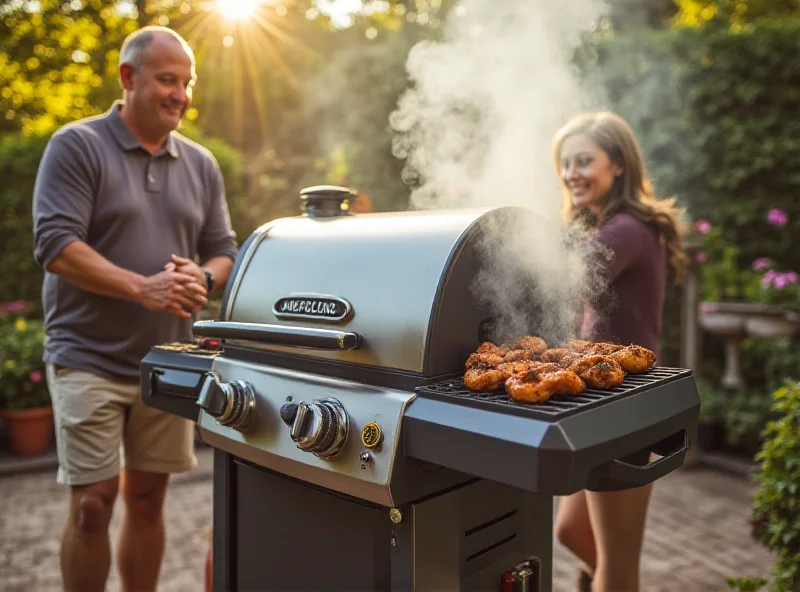 Image of a modern Traeger grill on a patio, smoke rising, with a happy family in the background.