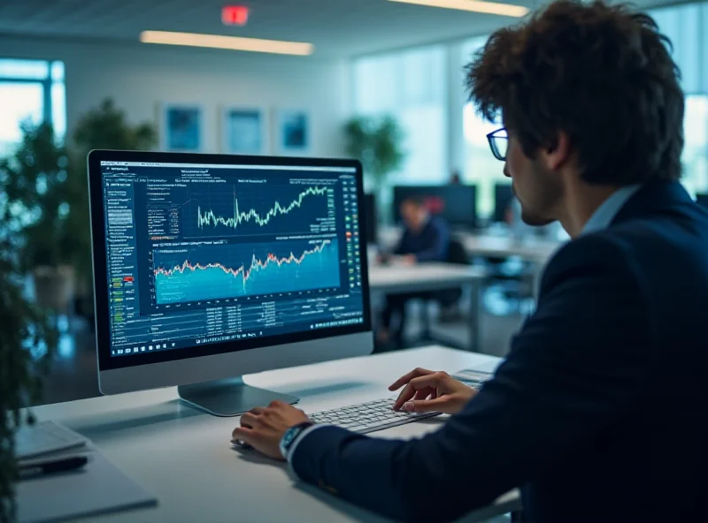 Image of a person analyzing financial charts and data on a computer screen in a modern office setting.