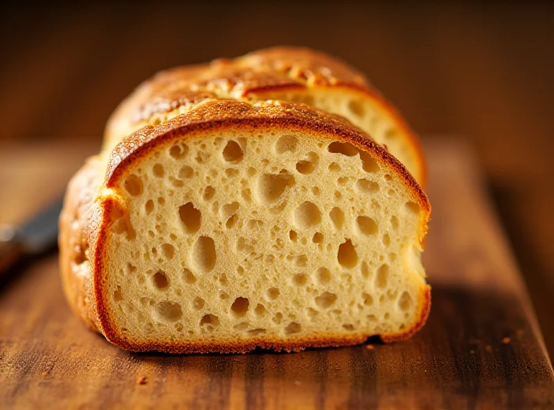Close-up shot of a golden brown sourdough bread loaf, displaying its crusty exterior and airy crumb structure.