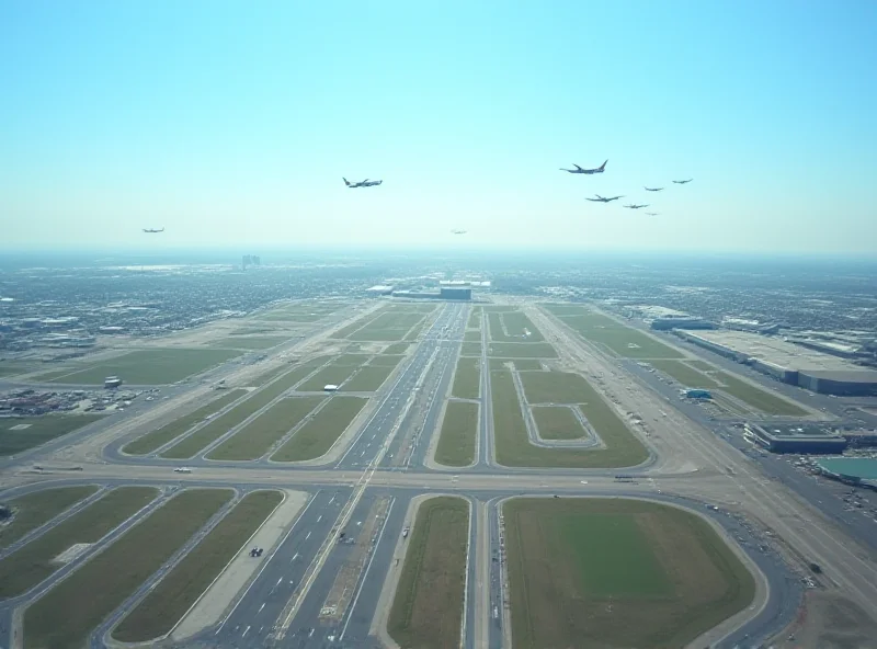 Aerial view of Frankfurt Airport with multiple planes taking off and landing.