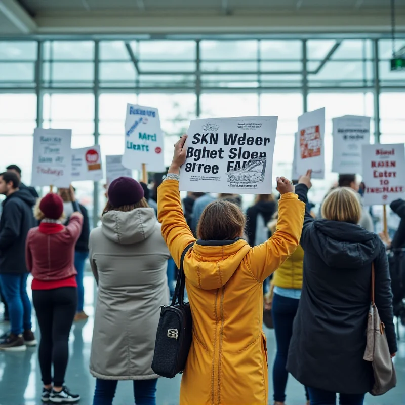 A group of protestors holding signs and banners outside an airport terminal building.