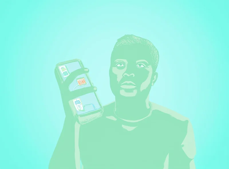 Illustration of a person holding a phone with social media icons, with a shopping cart icon crossed out in the background.