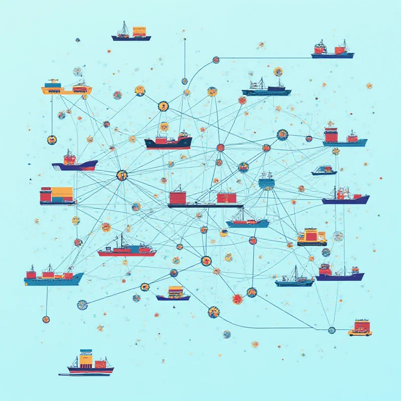 A complex network of interconnected lines representing a supply chain, with various icons of transportation and manufacturing.