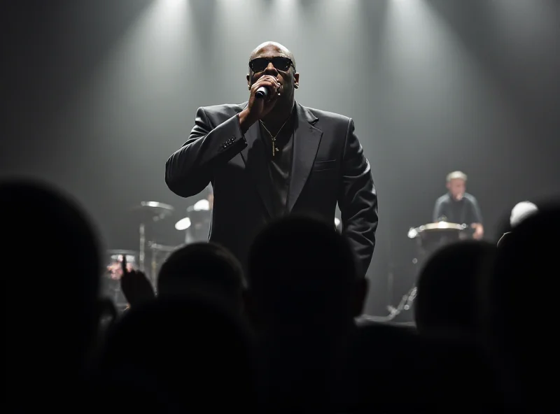 Jay-Z performing on stage in a dark suit and sunglasses.