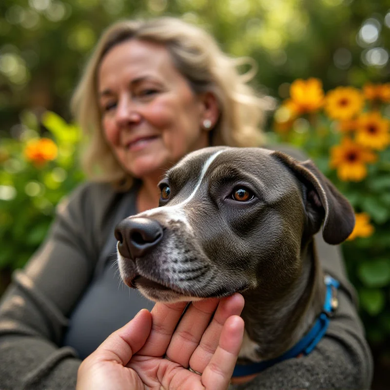 A close-up, heartwarming photograph of an elderly Staffordshire Bull Terrier, Sasha, with a grey muzzle and kind eyes, being gently petted by her owner, Linzi McLean, outdoors in a sunny garden.