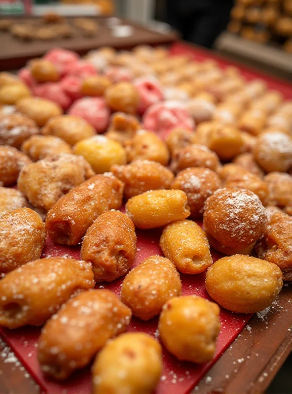 A close-up of colorful and elaborate Italian Carnival sweets, including fried dough and pastries.