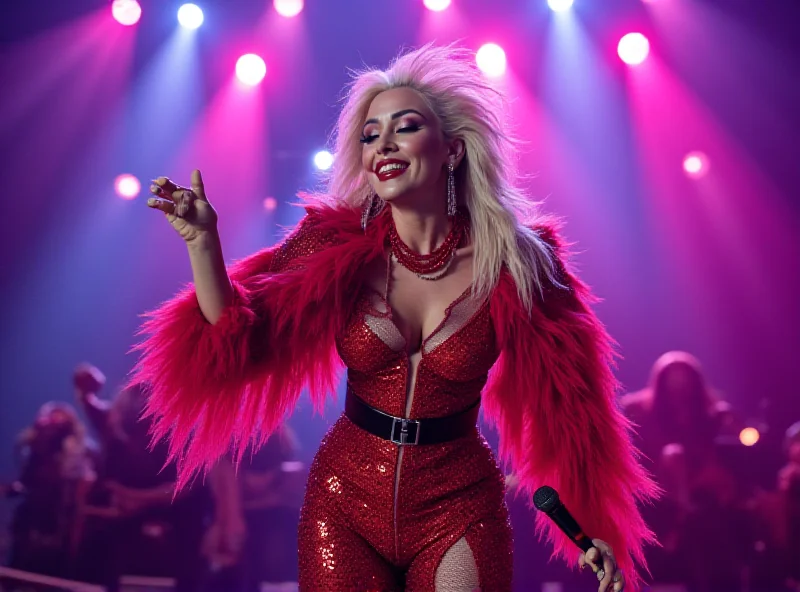 Lady Gaga performing on stage with a microphone in hand, wearing a dazzling outfit.
