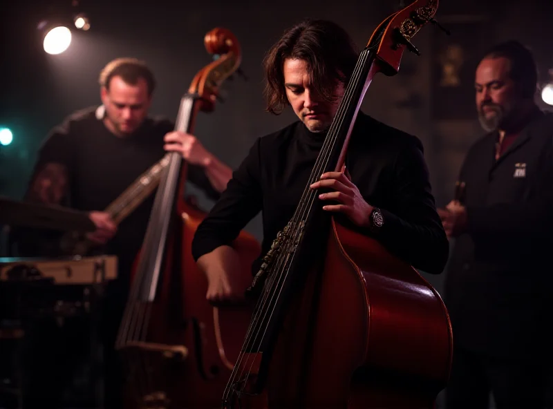 A jazz band performing on stage, focusing on the bass player with a double bass in a dimly lit jazz club.