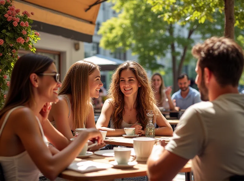 A diverse group of people laughing and talking at an outdoor cafe, suggesting a vibrant dating scene.