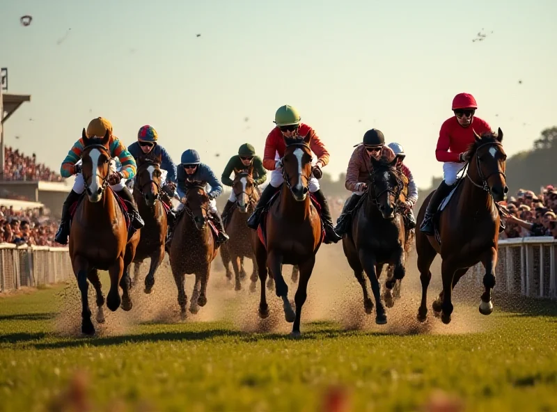 A panoramic view of a horse race, showcasing the excitement and energy of the event, with spectators cheering in the background.