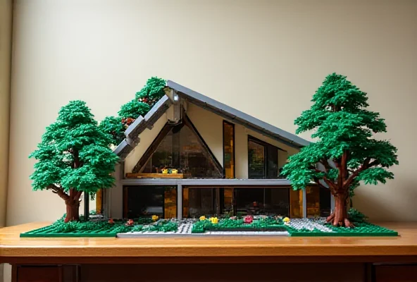 A finished Lego model of the Cullen House from the Twilight series, displayed on a table.