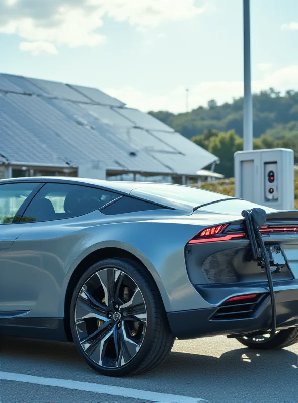 A modern electric car charging at a public charging station with solar panels in the background, representing sustainable transportation.