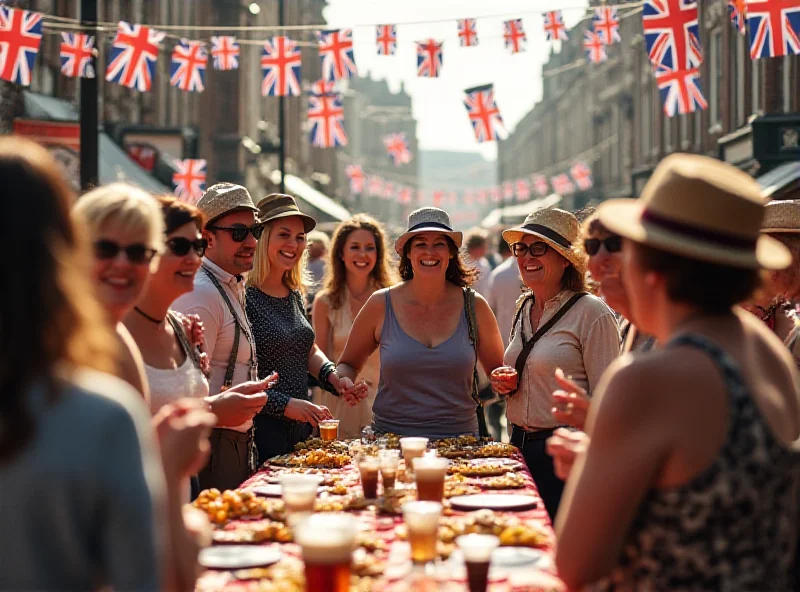 A joyful street party scene in Britain celebrating VE Day