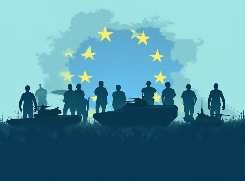 Illustration of European flags and military equipment, symbolizing Europe's rearmament efforts.