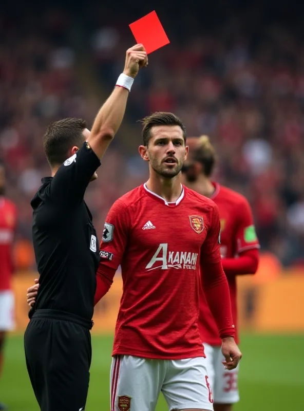 A soccer player being shown a red card by the referee.