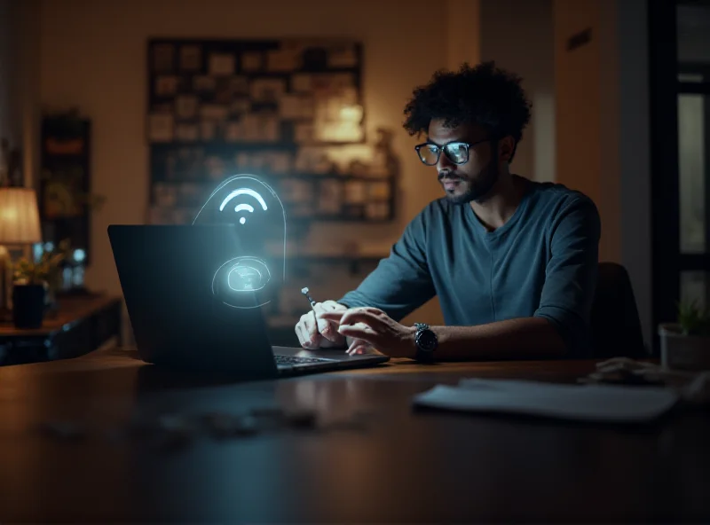A person working on a laptop with a wifi symbol in the foreground.