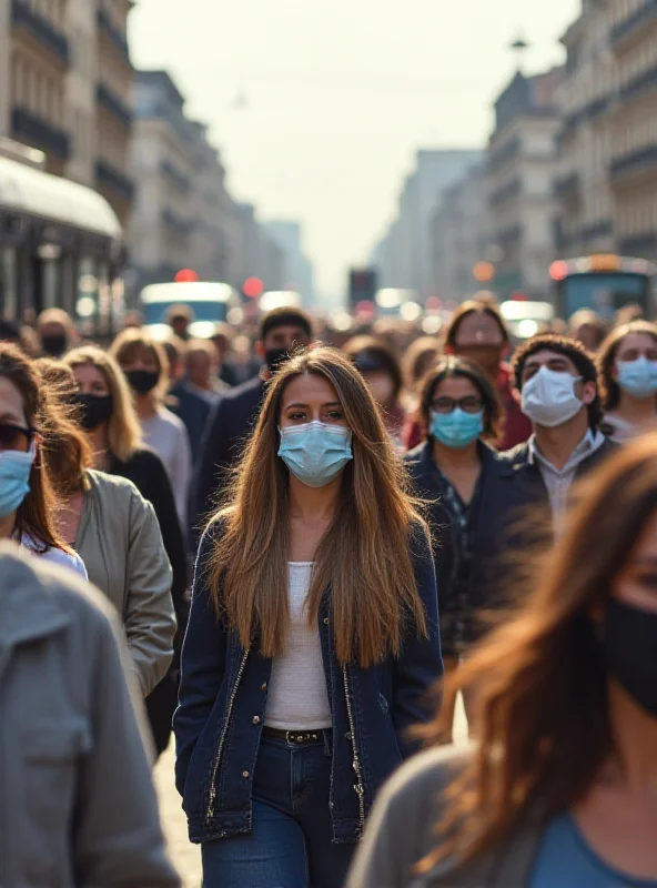 A diverse group of people wearing masks in a busy city street.