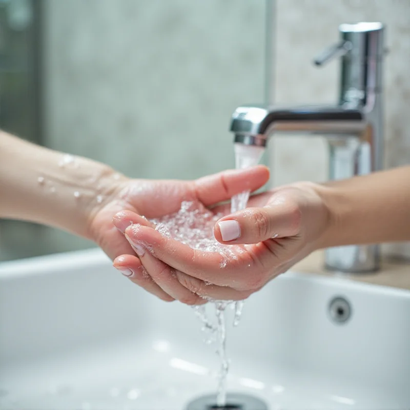 A close-up shot of hands being washed with soap and water.
