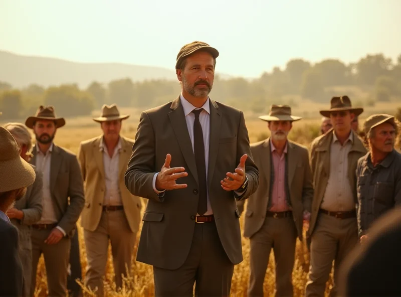 French Minister of Justice Gérald Darmanin addressing a crowd of farmers in a sunny field, emphasizing local food production.