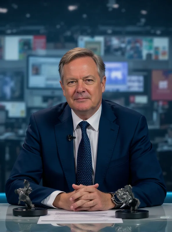 A journalist sitting at a desk in a brightly lit studio, looking directly at the camera with a serious expression.