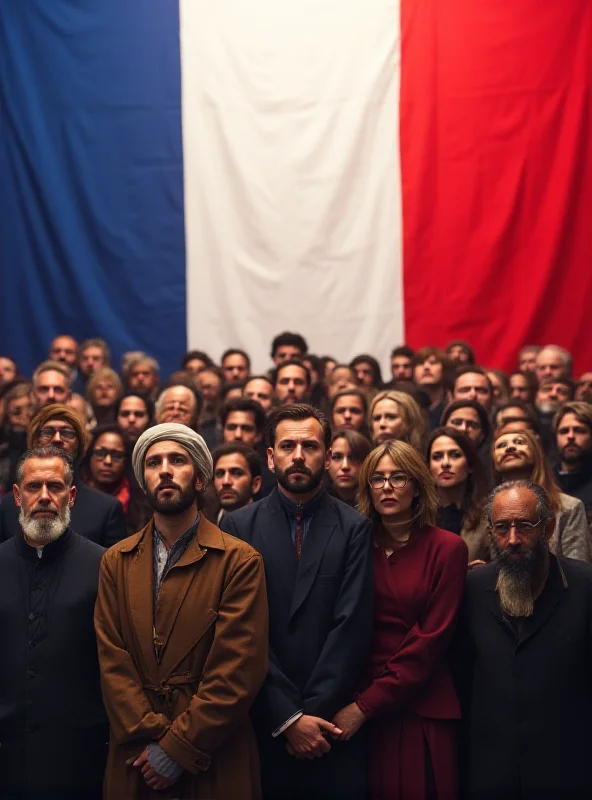 A diverse group of people standing in front of the French flag, representing the French electorate and their potential support for an outsider candidate.