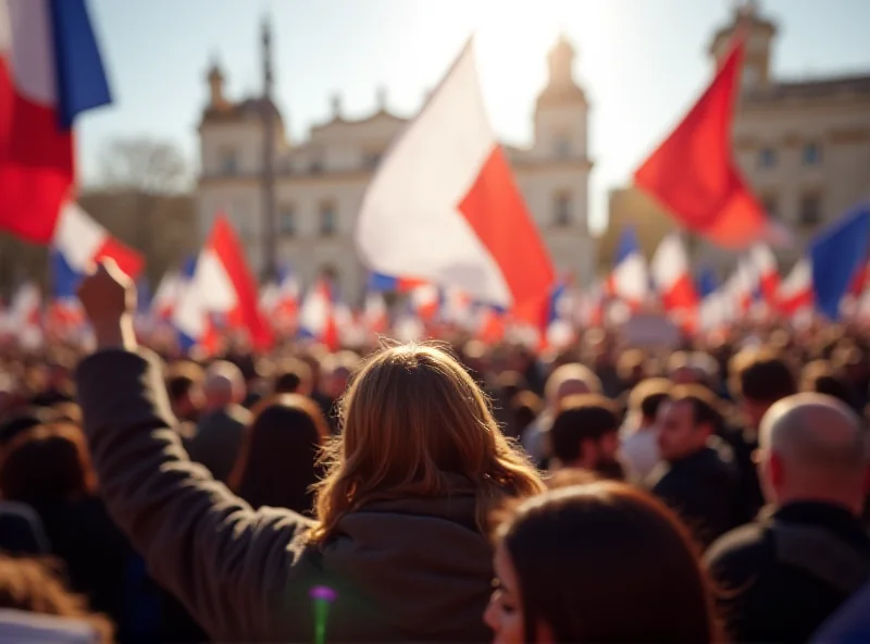 Crowd of people at a French political rally, waving flags, with a blurred image of the Élysée Palace in the background.