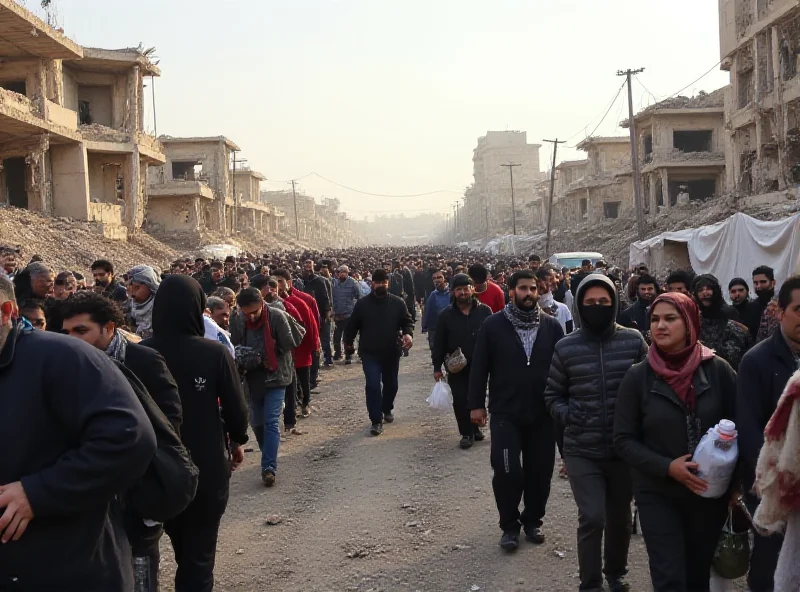 A crowded street scene in Gaza, showing people struggling to obtain food and water, with damaged buildings in the background.