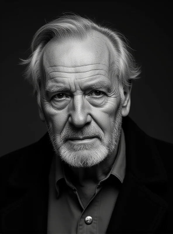 A black and white portrait of Gene Hackman, looking directly at the camera with a serious expression.
