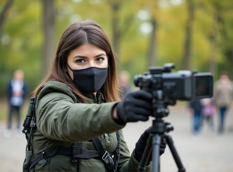 A woman holding a toy gun in a public park, looking like she is filming a video.