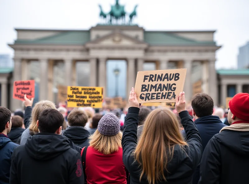 A diverse group of German citizens standing in front of the Reichstag building in Berlin, holding signs with varying political messages. The atmosphere is tense but democratic.