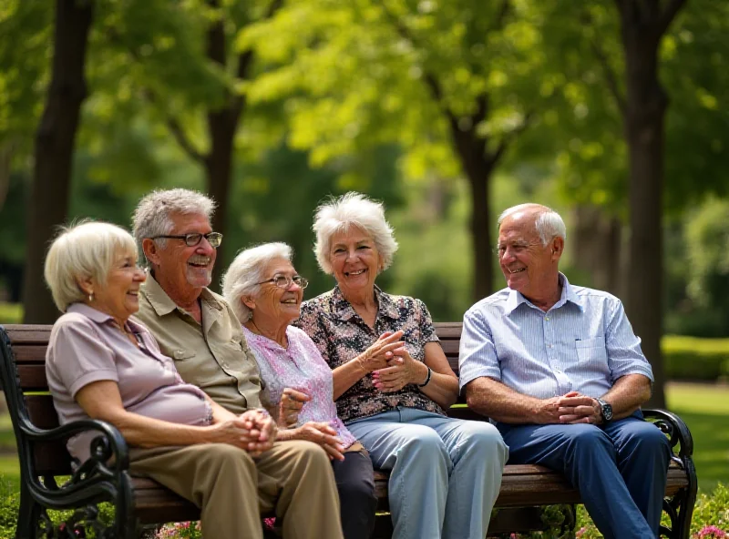 A diverse group of elderly people smiling and enjoying a sunny day in a park.