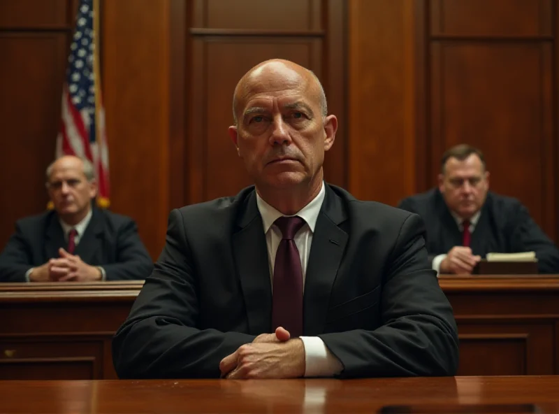 A courtroom scene with defendants sitting in front of judges, focusing on the serious expressions on their faces.