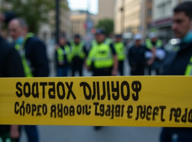 Police officers at a crime scene, yellow tape, blurred background