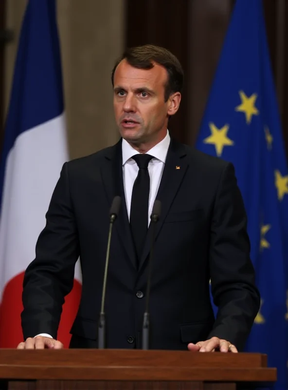 Emmanuel Macron giving a speech at a podium with the French and European Union flags behind him.