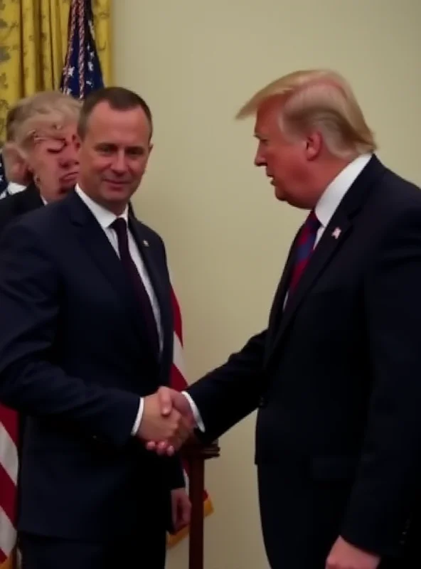 Donald Trump shaking hands with Volodymyr Zelensky during a formal meeting at the White House. Flags of the US and Ukraine are visible in the background.