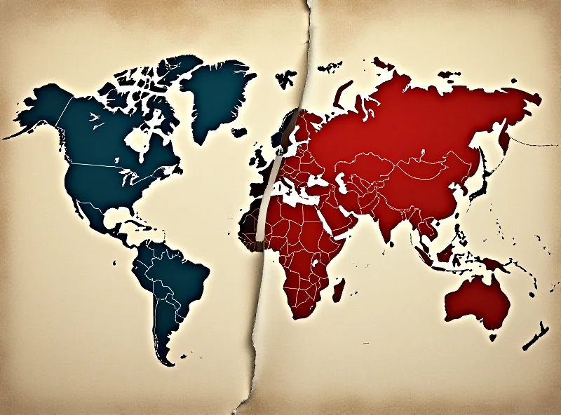 A divided map of the world highlighting the United Kingdom and the United States in contrasting colors, symbolizing potential conflict. The map appears weathered and torn.