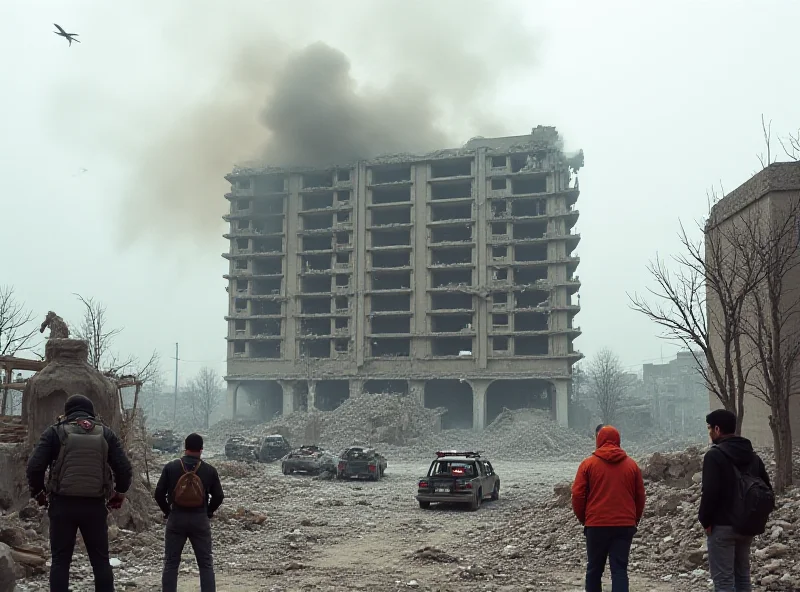 A destroyed hotel building with smoke rising, rubble strewn around, emergency responders on scene, and civilians watching in shock.